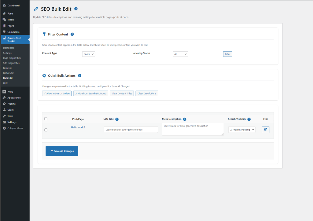Asneris SEO ToolKit Bulk Edit