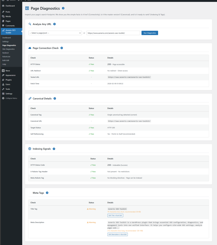 Asneris SEO ToolKit Page Diagnostics