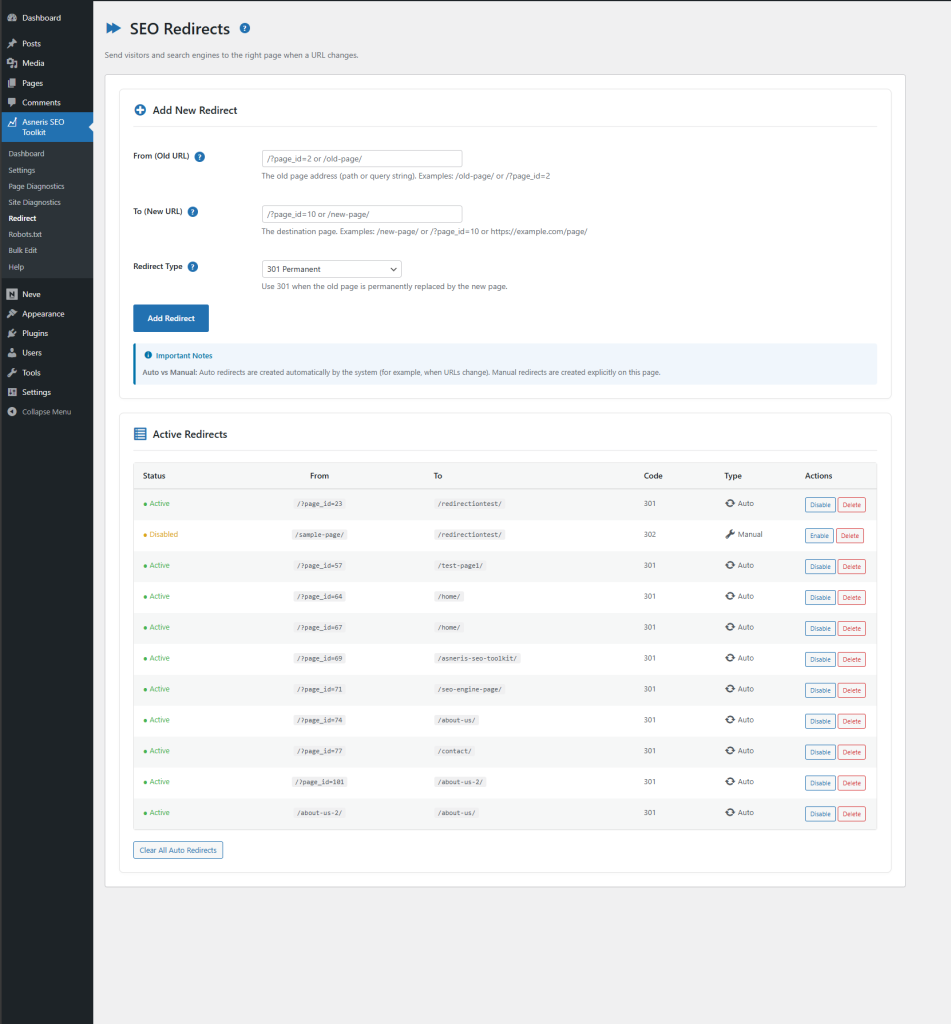Asneris SEO ToolKit Page Redirects