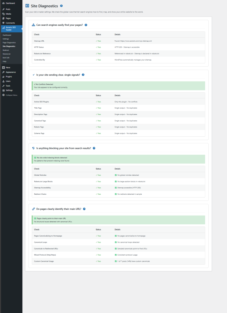 Asneris SEO ToolKit Site Diagnostics